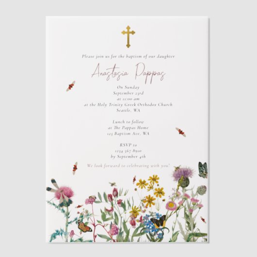 Wildbloemen Grieks-orthodox doopsel Vellum Uitnodigingen (Voorkant)