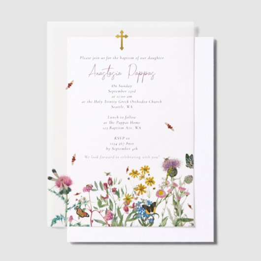 Wildbloemen Grieks-orthodox doopsel Vellum Uitnodigingen (Offset)