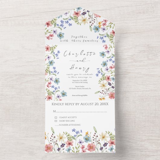 Wildbloemen groen tuin RSVP bruiloft All In One Uitnodiging (Binnen)