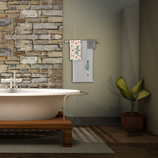 Wildbloemen groen wit rood naam bad handdoek