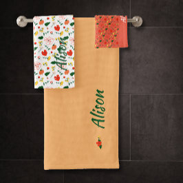 Wildbloemen groen wit rood naam badhanddoek set bad handdoek