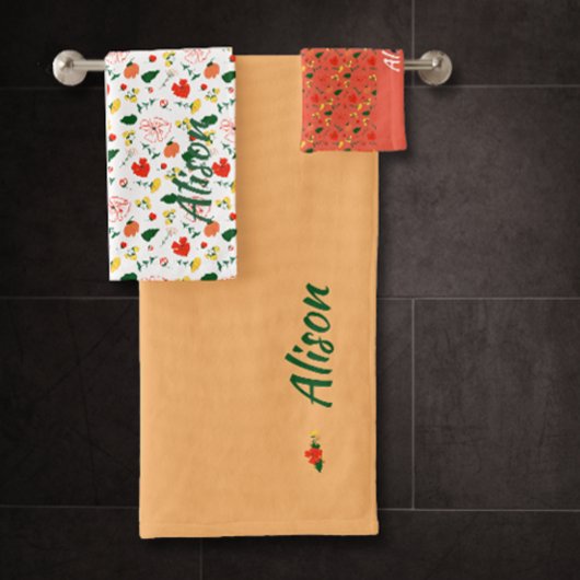 Wildbloemen groen wit rood naam badhanddoek set bad handdoek