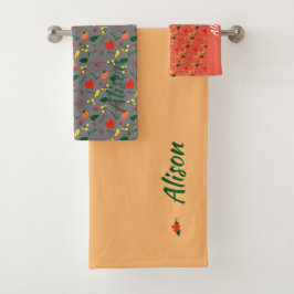 Wildbloemen groen wit rood naam badhanddoek set bad handdoek