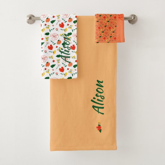 Wildbloemen groen wit rood naam badhanddoek set bad handdoek (Insitu)