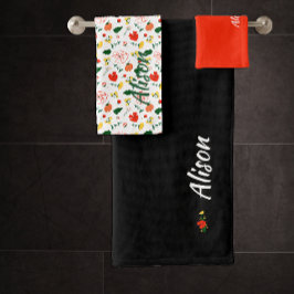 Wildbloemen groen wit rood naam zwart bad handdoek