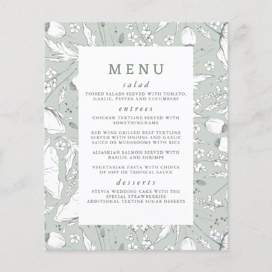 Wildbloemen Handgetekend Elegant Sage Wedding Menu (Voorkant)