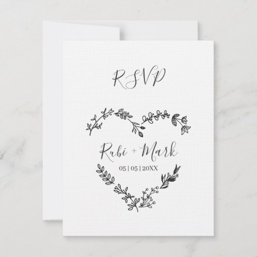 Wildbloemen Hart in zwart voor bruiloft RSVP Kaartje (Voorkant)