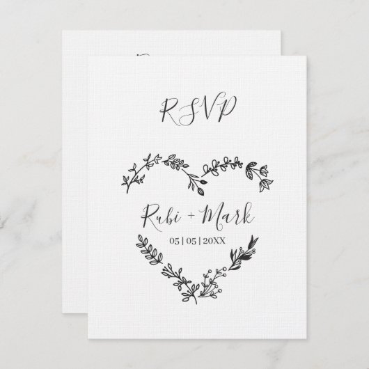 Wildbloemen Hart in zwart voor bruiloft RSVP Kaartje (Voorkant / Achterkant)