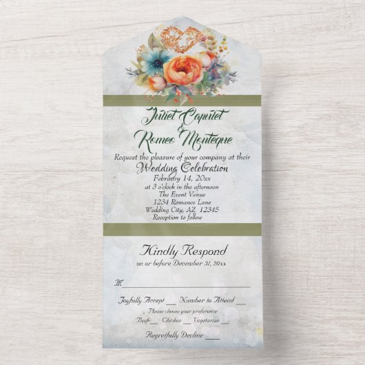 Wildbloemen, hart & salie lint all in one uitnodiging (Binnen)