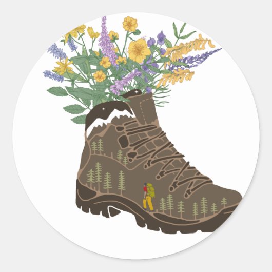 Wildbloemen in Hiking Boot Camping T-Shirt Keycha Ronde Sticker (Voorkant)