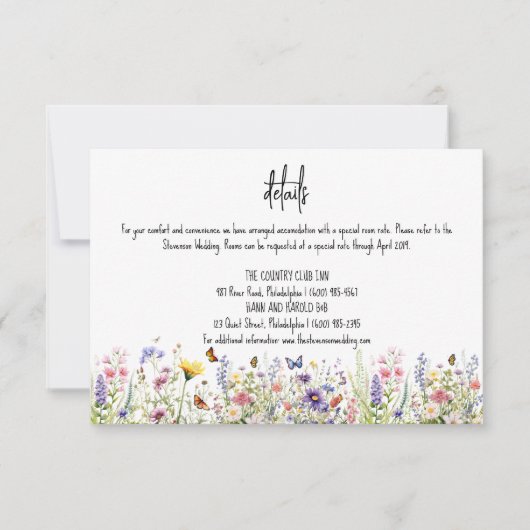Wildbloemen kleurrijke bruiloft details kaart (Voorkant)