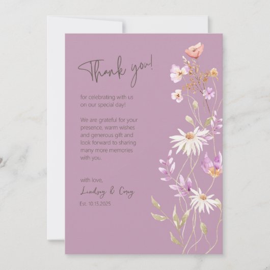 Wildbloemen Lavendar Dank u kaart voor bruiloft (Voorkant)