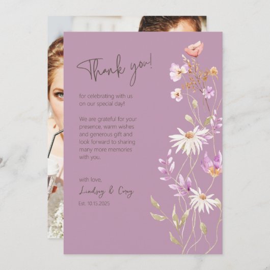 Wildbloemen Lavendar Dank u kaart voor bruiloft (Voorkant / Achterkant)