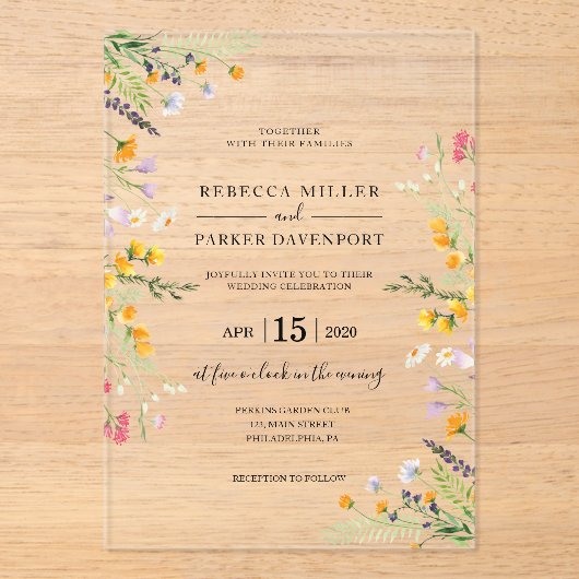 Wildbloemen lente moderne huwelijksuitnodiging acryl uitnodigingen (Voorkant)