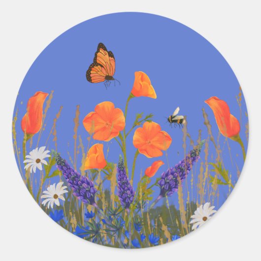 Wildbloemen Lente Poppies Meadow Vlinder Ronde Sticker (Voorkant)