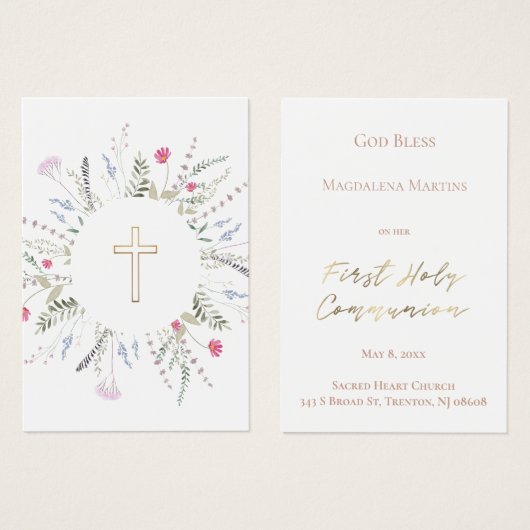 Wildbloemen lijst Eerste Communie herinneringskaar Visitekaartje (Voorkant /achterkant)