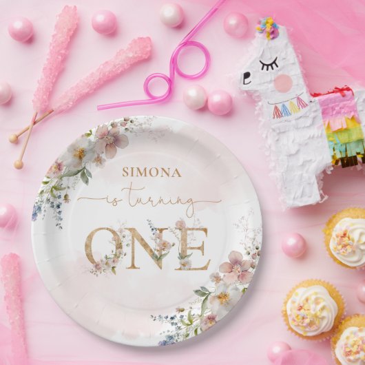 Wildbloemen meisje 1e verjaardag blush roze bloese papieren bordje (Feest)