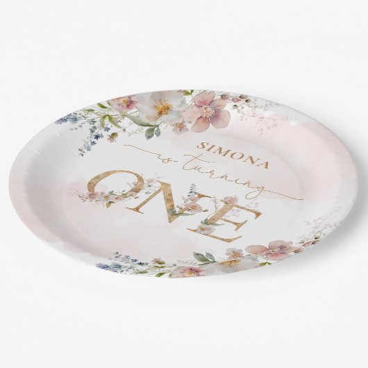 Wildbloemen meisje 1e verjaardag blush roze bloese papieren bordje (Gekanteld)