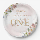 Wildbloemen meisje 1e verjaardag blush roze bloese papieren bordje (Voorkant)