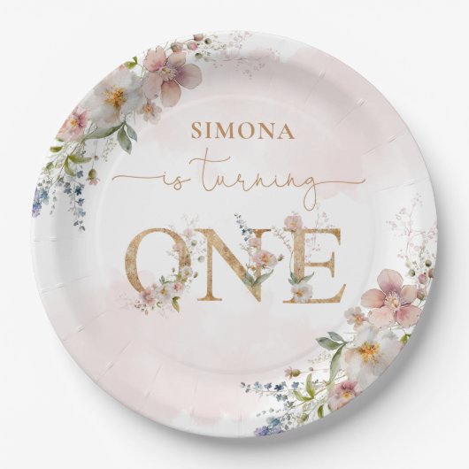 Wildbloemen meisje 1e verjaardag blush roze bloese papieren bordje (Voorkant)
