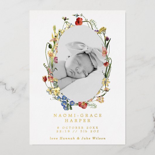 Wildbloemen met Folie van geboortebekendmaking fot Folie Uitnodiging (Voorkant)