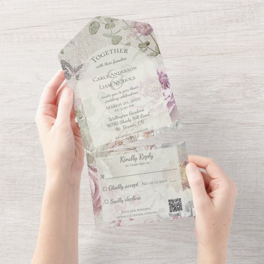  Wildbloemen met Vlinder met QR Code All In One Uitnodiging (Afscheurbaar)
