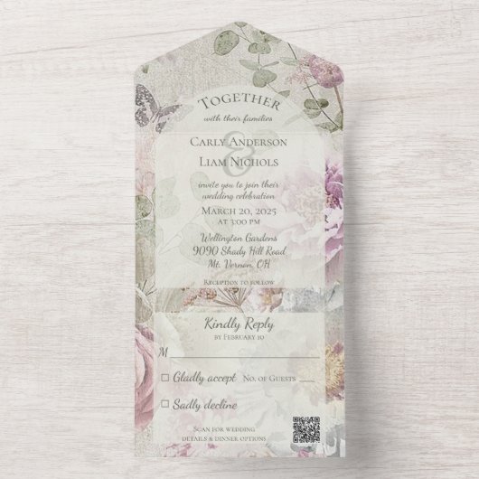 Wildbloemen met Vlinder met QR Code All In One Uitnodiging (Binnen)