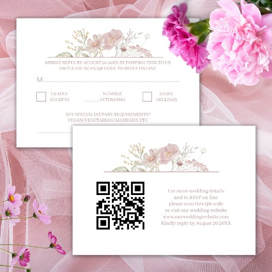 Wildbloemen Modern Wit Huwelijk QR Code RSVP Informatiekaartje