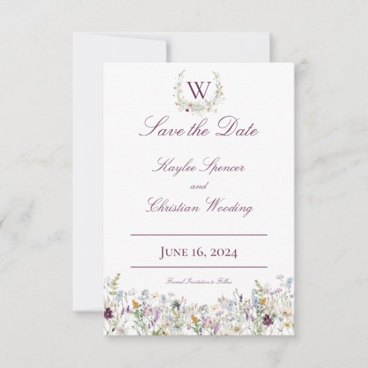 Wildbloemen Monogram Weddenschap Save The Date (Voorkant)