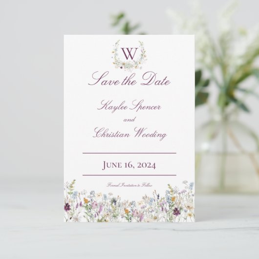 Wildbloemen Monogram Weddenschap Save The Date (Staand voorkant)