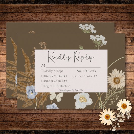 Wildbloemen op Bruin Bruiloft Drie Diner RSVP Kaartje