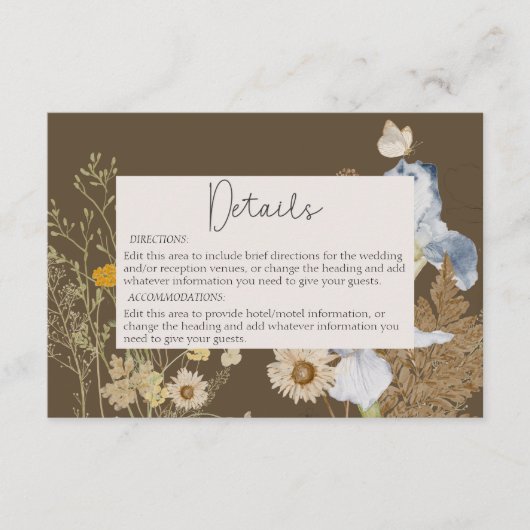 Wildbloemen op bruine bruiloft Details Informatiekaartje (Voorkant)