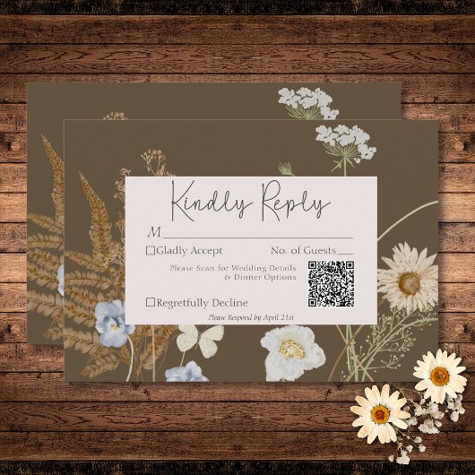 Wildbloemen op bruine bruiloft QR Code RSVP Kaartje