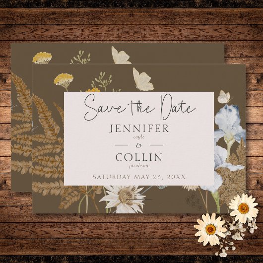 Wildbloemen op bruine bruiloft save the date