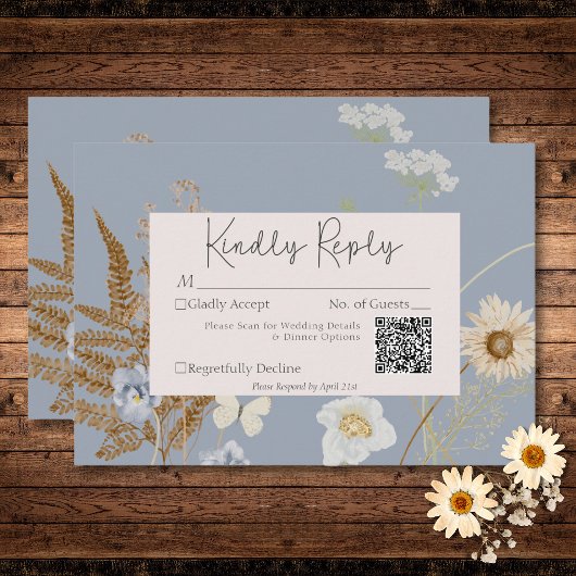 Wildbloemen op Dusty Blue Wedding QR-code RSVP Kaartje