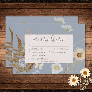 Wildbloemen op Dusty Blue Wedding Three Dinner RSVP Kaartje