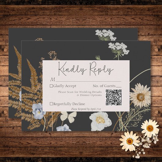 Wildbloemen op houtskool bruiloft QR-code RSVP Kaartje