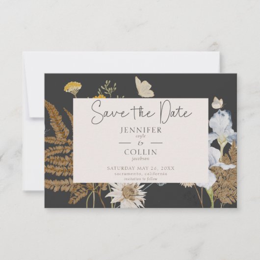 Wildbloemen op houtskool bruiloft save the date (Voorkant)