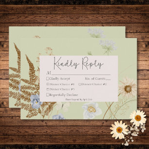 Wildbloemen op Licht Sage Bruiloft Drie Diner RSVP Kaartje