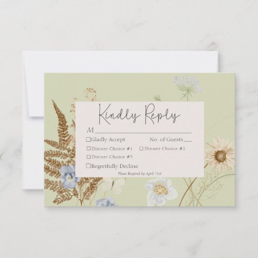 Wildbloemen op Licht Sage Bruiloft Drie Diner RSVP Kaartje (Voorkant)