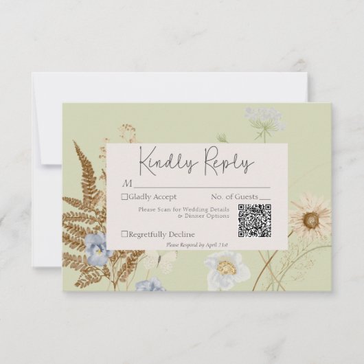 Wildbloemen op Licht Sage Bruiloft QR Code RSVP Kaartje (Voorkant)