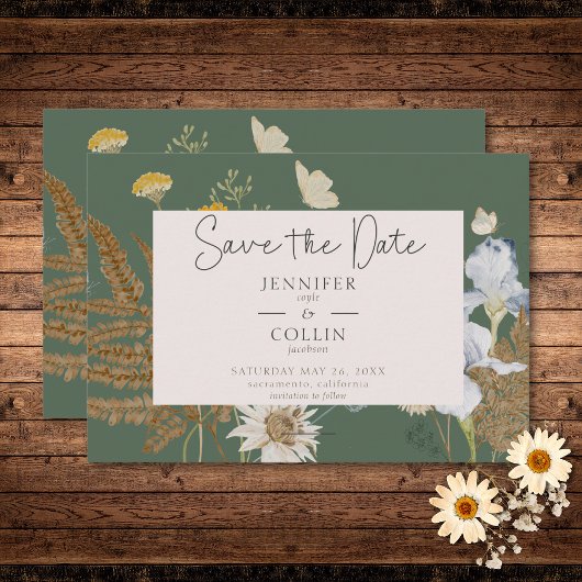 Wildbloemen op Sage Bruiloft Save The Date