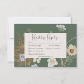 Wildbloemen op Sage Groene Bruiloft Drie Diner RSVP Kaartje (Voorkant)