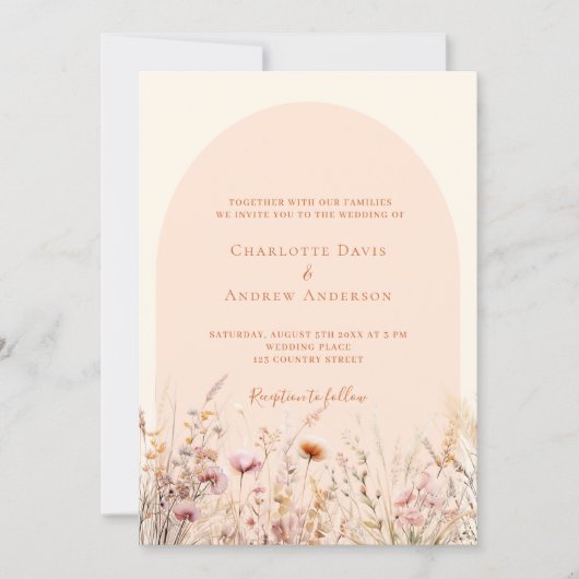 Wildbloemen perzik beige boog QR code RSVP bruilof Kaart (Voorkant)