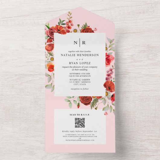 Wildbloemen Poppy Red Bloemen Roze Bruiloft QR RSV All In One Uitnodiging (Binnen)