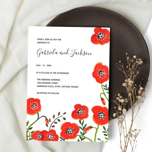 Wildbloemen Rode papaver moderne bruiloft Kaart