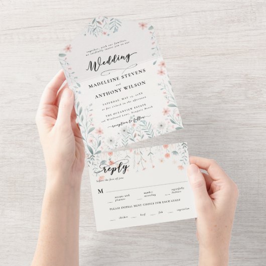 Wildbloemen Romantische Pastels Tuin Party Bruilof All In One Uitnodiging (Afscheurbaar)