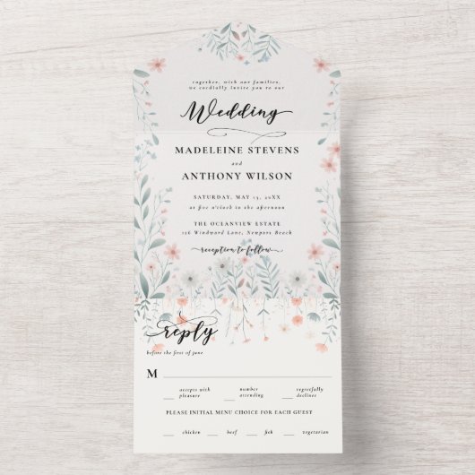 Wildbloemen Romantische Pastels Tuin Party Bruilof All In One Uitnodiging (Binnen)