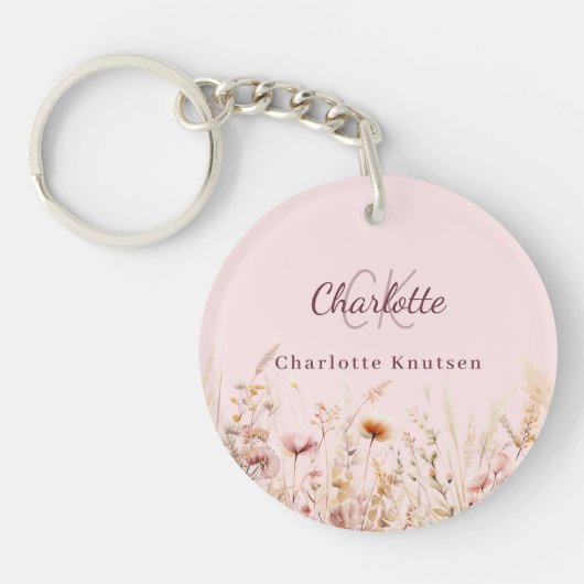 Wildbloemen roze beige monogram naam sleutelhanger (Voorkant)