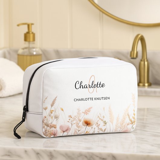 Wildbloemen roze beige monogram naam toilettasje